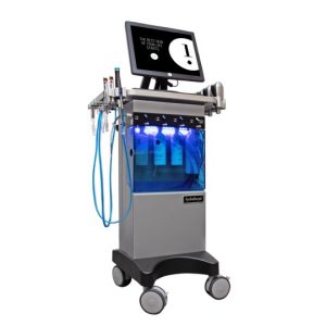 Hydrafacial device with touchscreen and serum vials used for advanced facial treatments